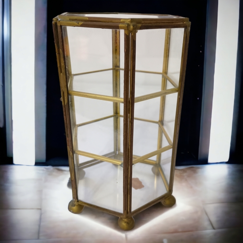 Vintage Glass Curio Cabinet Mini Brass Octagon 70s 80s Jewelry Trinket Box - Picture 14 of 16